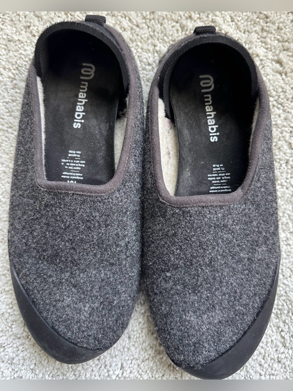 mahabis Charcoal Gray Wool Slip-On Loafers Removable Rubber Outsole 8.5-9